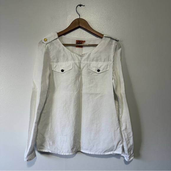 Tory Burch Tops - Tory Burch Tunic Top 100% Linen Long Sleeve Convertible Sleeves Size 6 Off White